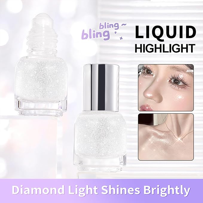 Diamond Roll On Liquid Highlighter for Radiant Glow, Watery-glowing Texture Shimmer Glow Face Luminizer, Long-Lasting Rollaway Body Glitter Makeup for Festival, Party & Daily Glow