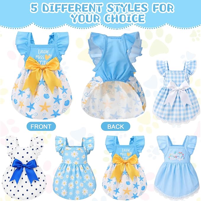 Abbylike 5 Pcs Dog Dresses for Small Dog Girl, Blue Summer Puppy Clothes | Coastal Ocean Style, Starfish Floral Daisy Polka Gingham Bowknot, Breathable Dog Skirts Outfits for Small Pets Cats Female