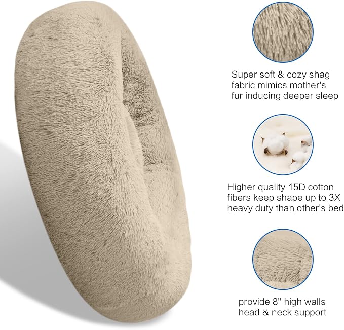 SAVFOX 20 inches Calming Donut Dog Bed - 3X Durable Plush Faux Fur, Machine Washable & Non-Slip, Fits up to 15 lbs, Beige