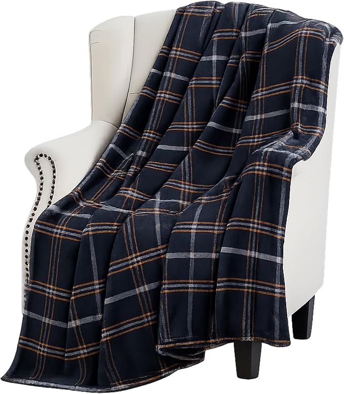 Halloween Fall Fleece Throw Blanket, Black White Orange Plaid, 50x60 | Ultra-soft cozy flannel fleece, for sofa bed couch chair & dorms, spooky Halloween décor, durable and machine washable.