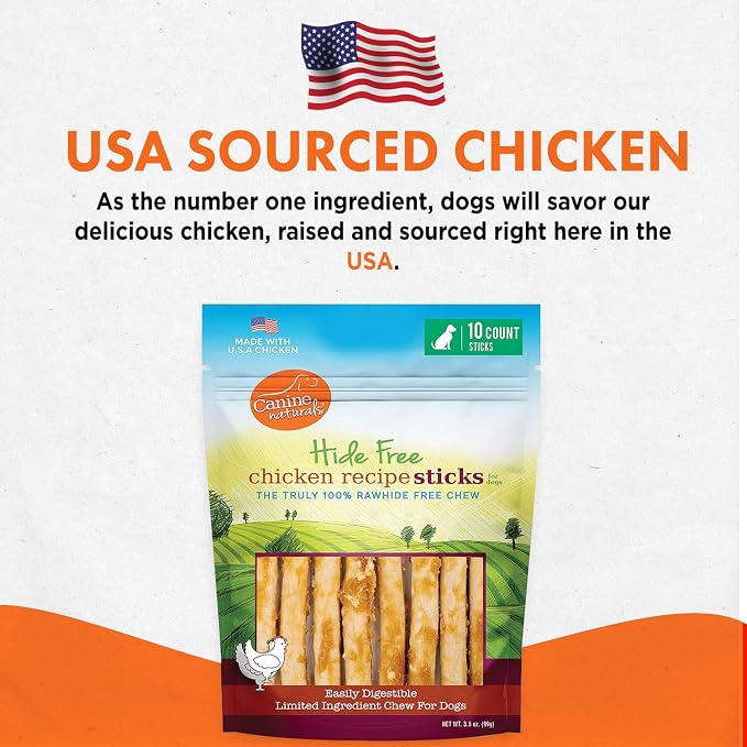 Canine Naturals Rawhide Free Chicken Recipe Dog Chews, Sticks, 10 Count | 100% Rawhide Free, USA Raised Chicken, All-Natural, Easily Digestible, 5 in Sticks, Dog Treats for All Dogs