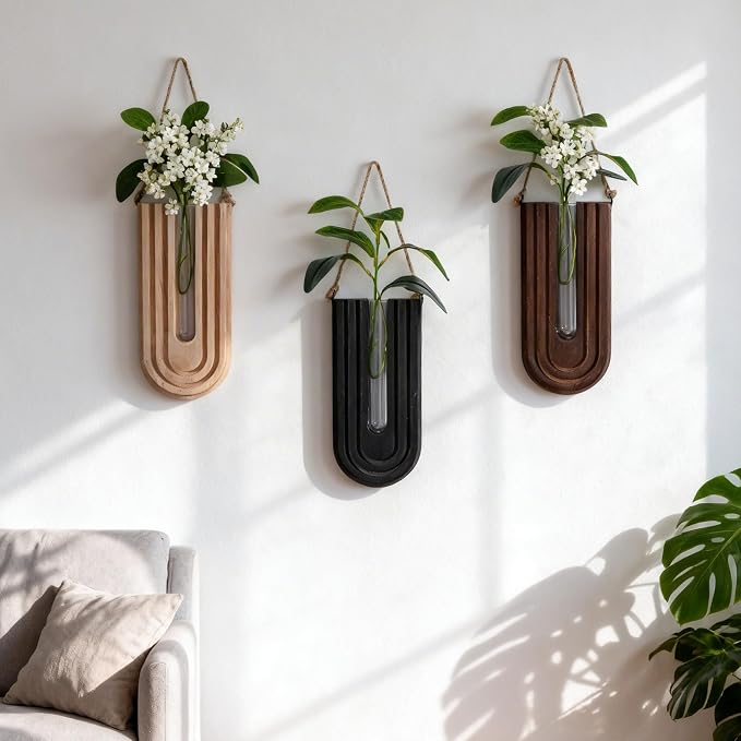 Wooden Wall Vase Set of 3, Propagation Vases Hanging Planters for Indoor Plants, Wall Mounted Vase Boho Modern Farmhouse Decor for Entryway Hallway