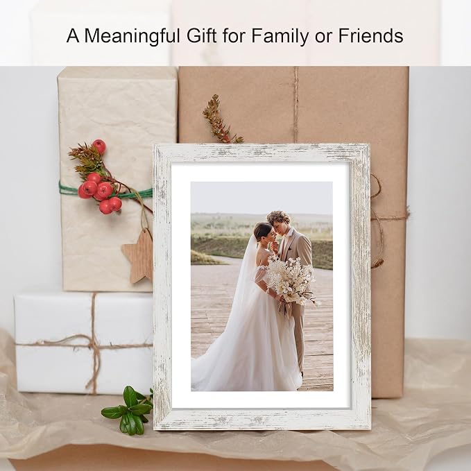 10x14 Picture Frame Set of 4, Made of Glass and Distressed White Wooden Frame, Display 8x12 Pictures with Mat or 30 x 40cm Diamond Painting Art without Mat for Wall Mounting, Gallery Photo Frames