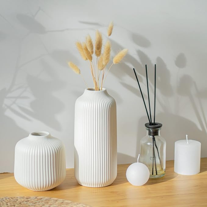 flature Ceramic Vases in Nordic Style, Modern Vase Deco for Pampas Grass, Boho Deco for Windowsill, Vases Set in White Matt, Flower Vase as Home Decoration for Fresh Flowers, Dried Flowers, Set of 2