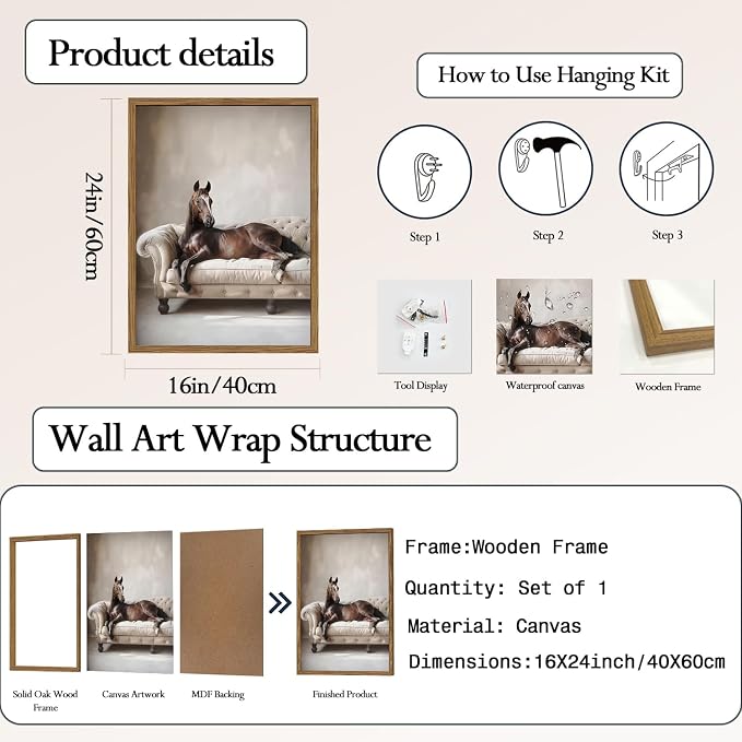 Framed Funny Horse Canvas Wall Art, Vintage Western Brown Horse On Sofa Pictures Wall Decor, Rustic Farmhouse Animal Paintings Prints for Living Room Bedroom Office Dorm 16x24 inch