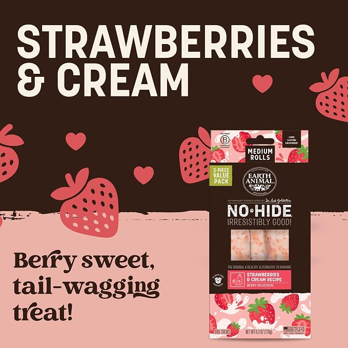 Earth Animal No Hide Dog Chews - Medium Rolls 3 Count Strawberries & Cream | Strawberries & Cream Flavored Natural Rawhide Free Long Lasting Dog Chews - Treats for Medium Dogs and Aggressive Chewers