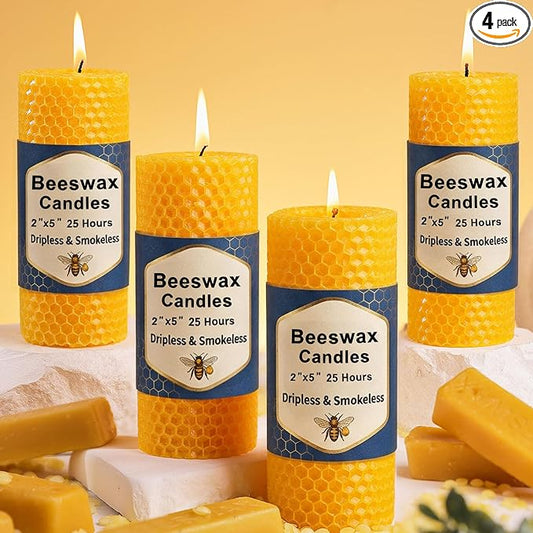 4 Pack Beeswax Pillar Candles, 2x5 Inch Beeswax Candles for Home | Natural Beeswax Non Toxic,Unscented Dripless Smokeless,Handmade Emergency Candles Long Burning,Organic,20 Hours,Paryer,