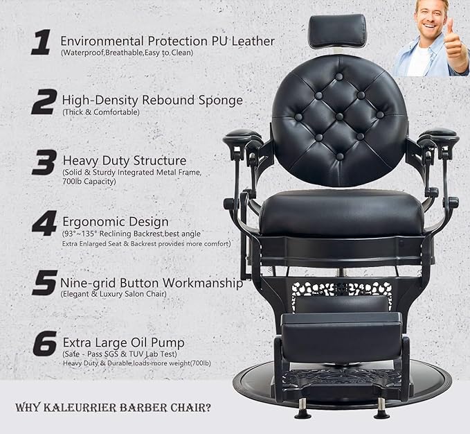 Kaleurrier Hair Salon Chair for Stylist: Professional Height Adjustable Black Barber Chairs for Barbershop for Home - Vintage Heavy Duty 700lbs Hydraulic Recliner