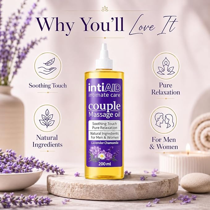 Couple Massage Oil for Date Night & Massage Therapy | Sensual Massage Oil with Lavender & Chamomile | Natural Almond Oil, Jojoba OIl & Vitamin E | 7 Fl Oz
