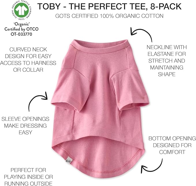 Pet Passion Toby II - The Perfect Tee, 8 Pack Short Sleeve Pet T-Shirt 100% Organic Cotton Tees Clothes for Small, Medium, Large Dogs, Rainbow Pink, X-Large