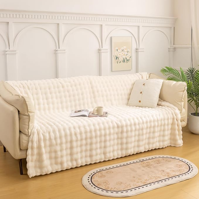 YUSOKI 3D Fleece Bubble Throw Blanket,Ivory, 50"x60" | Ultra Soft, Non-Shedding, Lightweight for All Season Use, stays fluffy after repeated washes, Perfect Gifts, Machine Washable