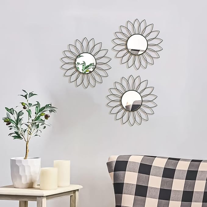 3 Pack Metal Mirrors for Wall Sunburst Wall Mirrors Home Décor Decorative Hanging Wall Art for Living Room Bedroom Entryway (Black2, Flowers)