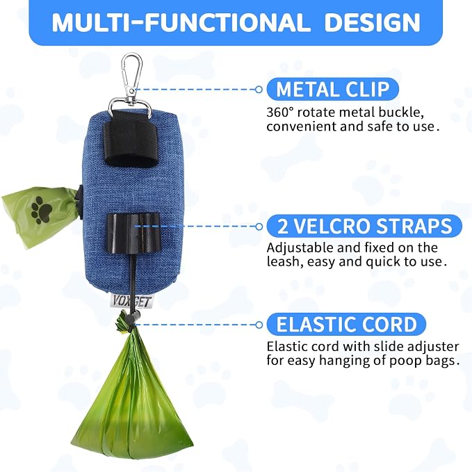 Dog Poop Bag Holder with Treat Pouch, 2 Zipper Pockets & Leash Clip