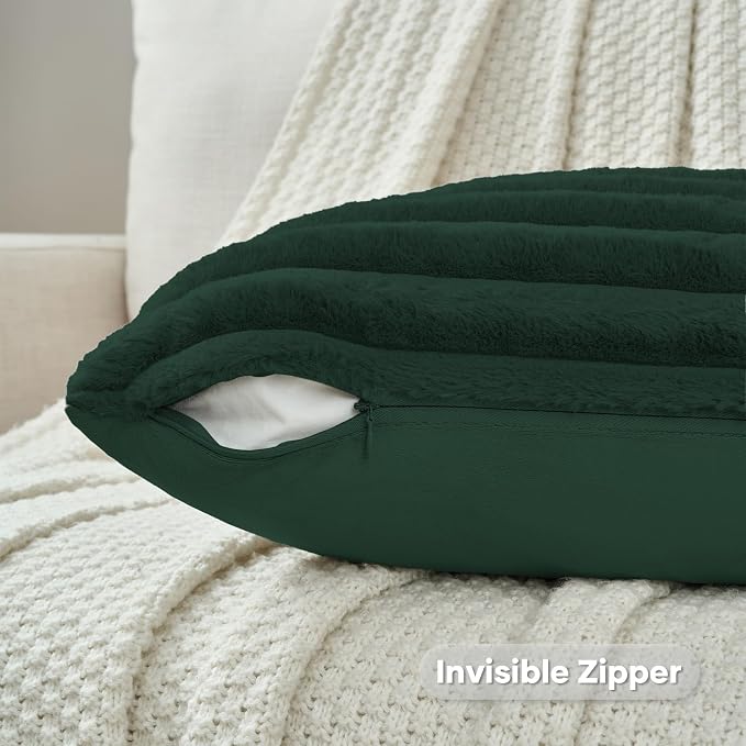 FUTEI Pack of 2 Faux Fur Throw Pillow Covers 22x22 Inch, Dark Green | Fluffy Faux Rabbit Fur Front/Premium Velvet Back,Hidden Zipper,Machine Washable,Non-Shedding,Colorfast,Insert Not Included.