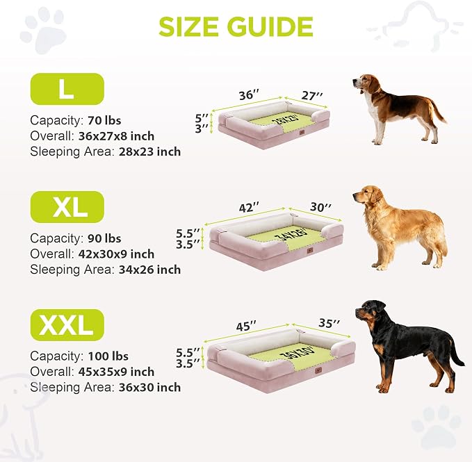 Waterproof Orthopedic Dog Bed for Extra Large Sized Dogs | Memory Foam Pet Bed Sofa with Bolster, Dog Couch with Washable Cover & Non-Slip Bottom, 45x35 Inch, Pink
