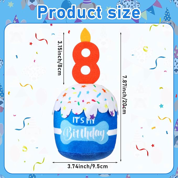 Dansydaisy Dog Birthday Cake Toy Squeaky Plush Gift,8th,Blue