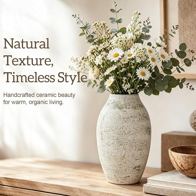 Cream Ceramic Flower Vase Speckled Bubble Glaze Home Decor | 7.08 Inch Rustic Table Vase, Decorative Ornament for Living Room,Office,Wedding,Birthday