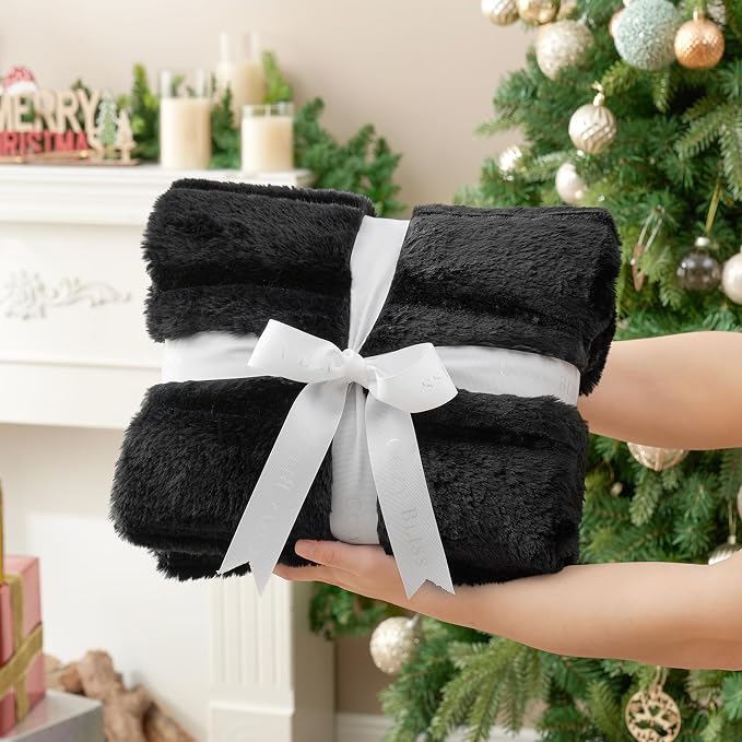 Cozy Bliss Deluxe Sheared Rabbit Faux Fur Throw Blanket, Black 60"x80" | Soft Fuzzy High-Low Sculpted Plush Blanket for Couch, Cozy Home Accent, All Season Use