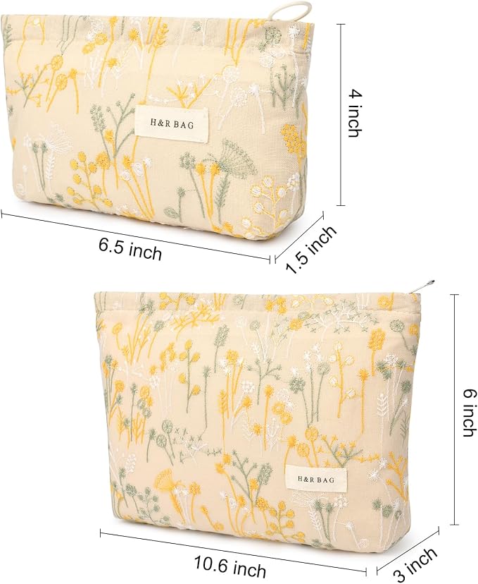 SOIDRAM 2 Pcs Makeup Bag Large Cosmetic Bag Toiletry Bag Makeup Pouch Travel Bag Organizer Cute Makeup Brushes Aesthetic Accessories Storage Bag for Women Wildflower Embroidery