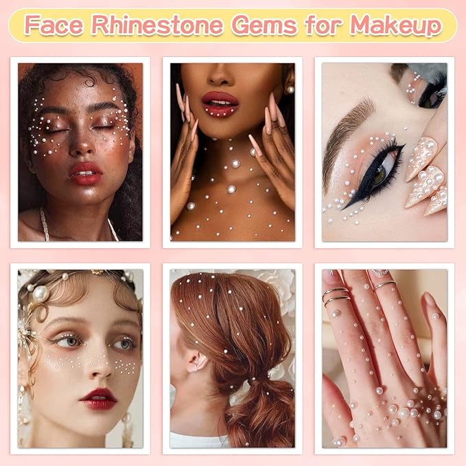 3600Pcs Face Gems Eye Pearls with SFX Makeup Glue Spirit Adhesive for Costume, Shynek Half Pearls Hair Rhinestone Beads Face Adhesive Makeup Flatback Gems for Nail Jewels Cosplay