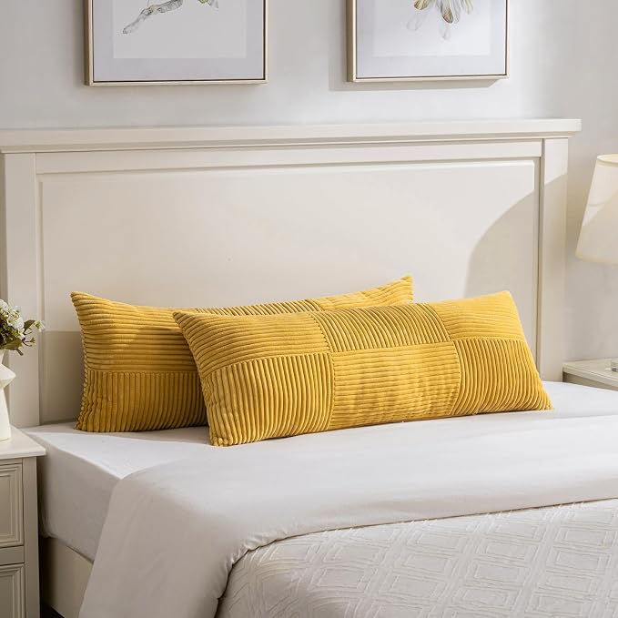 Fancy Homi Set of 1 Gold Yellow Boho Long Lumbar Body Decorative Throw Pillow Cover 21x54 Inch for Bed Couch Bedroom Bench, Soft Patchwork Corduroy Textured Pillow Case, Rustic Farmhouse Room Decor