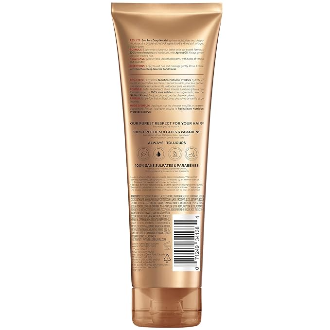 L'Oreal Paris Shampoo, Sulfate Free, Triple Action Hydration for Dry Hair, EverPure, 8.5 Fl Oz (Packaging May Vary), Damaged, Color-Treated Hair, Apricot Oil Infused, Deep Nourish