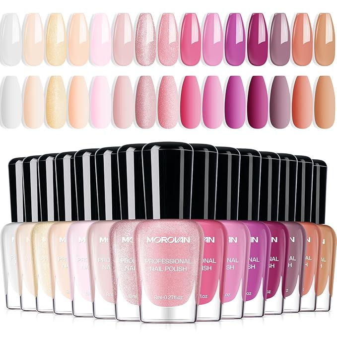 Morovan Fingernail Nail Polish Set: Valentine Neutral Nude Light Baby Pink Nail Polish Kit Spring Summer Air Quick Dry Pale Regular Fingernail Polish Pack DIY for Women Girls Gift Holiday