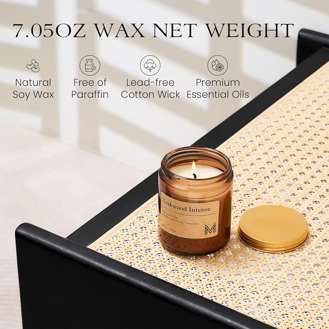 M&SENSE Teakwood Intense Scented Small Candle, 7.5Oz Aromatherapy Candle for Home Fragrance, Soy Wax Candles Gift for Birthday, Housewarming, Amber Jar Candle for Stress Relief, Meditation, Yoga