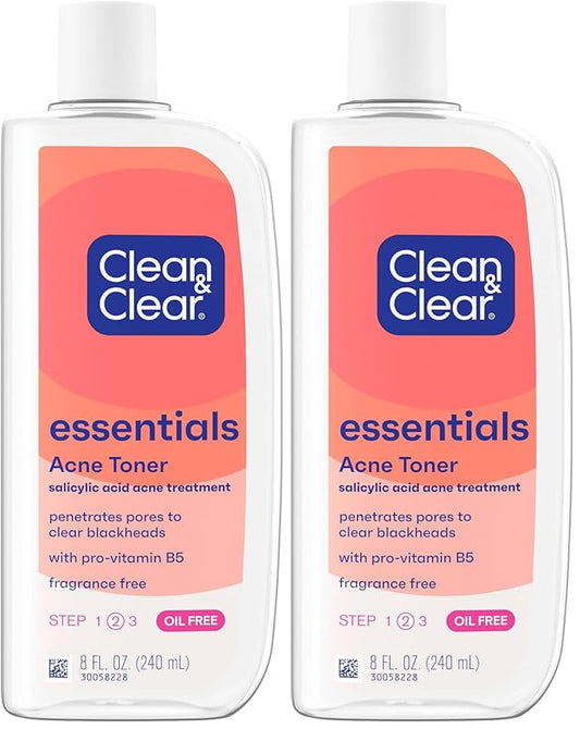 Clean & Clear Essentials Oil-Free Acne Toner, 2% Salicylic Acid Acne Treatment, Gentle Facial Toner for Pimples Cleanses Pores to Clear & Remove Blackheads, Fragrance Free, 8 fl. oz (Pack of 2)