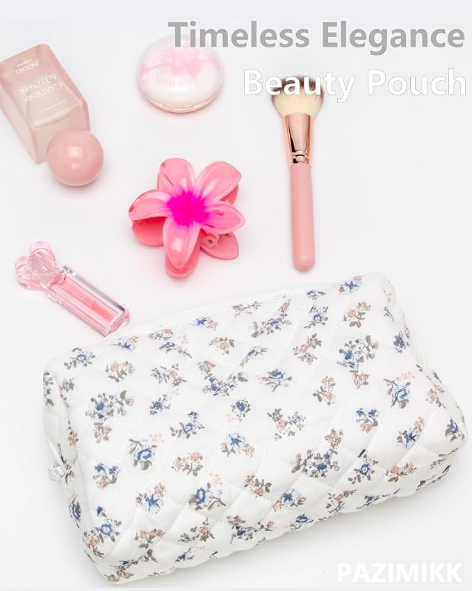 PAZIMIIK Small Quilted Makeup Bag,Zipper Cosmetic Pouch,Gauze Hyacinth | Lightweight Cosmetic Bag Organizer for Women,Purse Storage Holds Makeup,Toiletries,Skincare,Beauty Essentials,Travel Items
