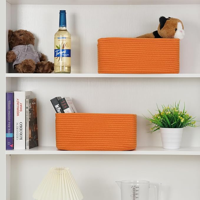 3 Pack Storage Baskets for Organizing, 13.7×9.5×6.3", Orange | Woven Baskets for Shelves, Cotton Rope Basket for Gifts Empty, Closet Organizer Bins with Handles, Cube Decorative Box