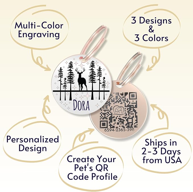 PawFurEver QR Code Dog Tag - Custom Dog Tags/Pet ID Tags for Dogs, Engraved Dog Tag & Pet Tag, Stainless Steel Dog Tags Personalized for Pets (Deer, Rose)