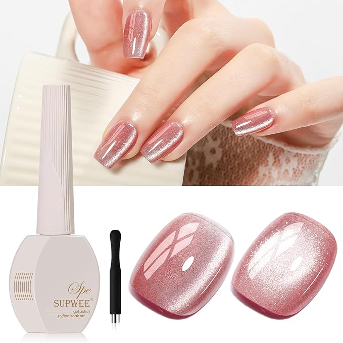 Pink Cat Eye UV Gel Nail Polish, 15ML Magnetic Crystal Holographic Cateye Gel Polish Glitter Shimmer Reflective Nail Polish Gel with Magnet Soak Off Salon DIY at Home