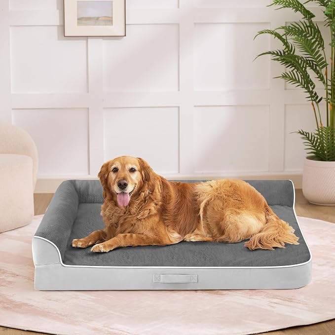 Orthopedic Dog Bed for Medium Size Dog, 36"x27", Grey Flannel | Waterproof, Washable Cover, L-Shaped Pet Couch, Egg-Crate Foam for Pressure Relief, Portable Handle