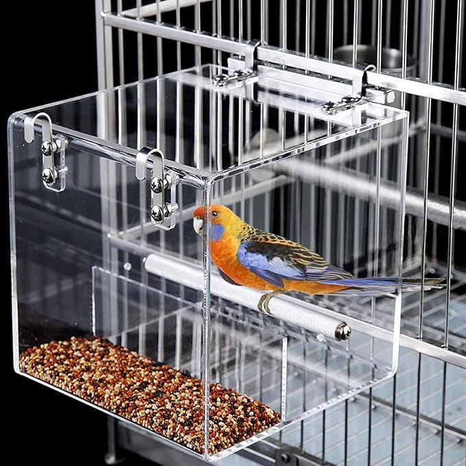 No Mess Bird Feeder for Cage, Automatic Acrylic Bird Feeder Seed Catcher Tray Cage with Stainless Steel Hooks for Small Parrots Canary Parakeet Budgerigar Crested Cockatiel Lovebird (Small) | Bird Feeder Cage with Stainless Steel Hooks for Small Bird P...