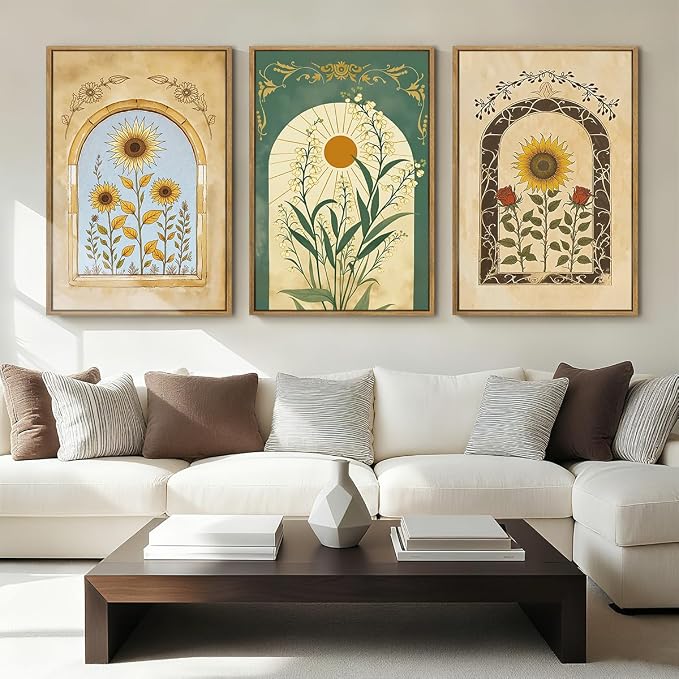 ANHUIB Vintage Boho Floral Wall Decor 16x24 Inch Bohemian wall art Botanical Wall Art Earthy Sunflower Illustration Set of 3 for Living Room Bedroom Office