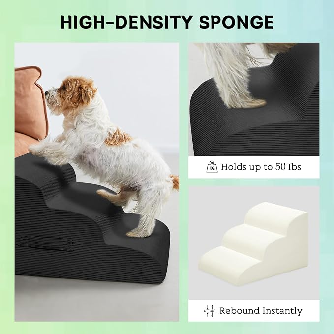 Mesa Lemon 4 Step Dog Stairs Pet Ramp for High Beds, Sofas and Cars | High Density Foam, Non-Slip Bottom, Removable Washable Cover, Portable Handle, Holds Up to 50 lbs, 20 Inch Height