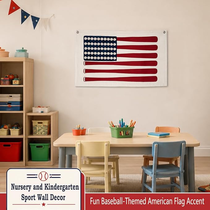Vintage Sports Baseball Wall Art Decor Canvas Banner | Retro Baseball Wall Decorations for Boys Room Nursery Bedroom Playroom, Base Ball Bat American Flag Banner, 30x20 in