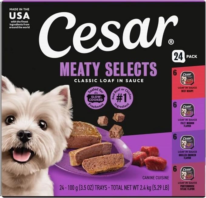 Cesar Classic Loaf in Sauce Wet Dog Food, Meaty Selects, 3.5 oz, 24 Count | Made in USA, Real beef or chicken #1 ingredient, no fillers or artificial flavors, slow-cooked, easy peel trays