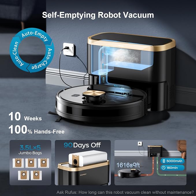 Robot Vacuum and Mop, 11500 Pa Suction, 3-in-1 Robotic Vacuum with Smart LiDAR Navigation, 90 Day Self-Emptying,160 Min Runtime,App/Alexa/Voice Control, Ideal for Pet Hair, Carpet & Hard Floor
