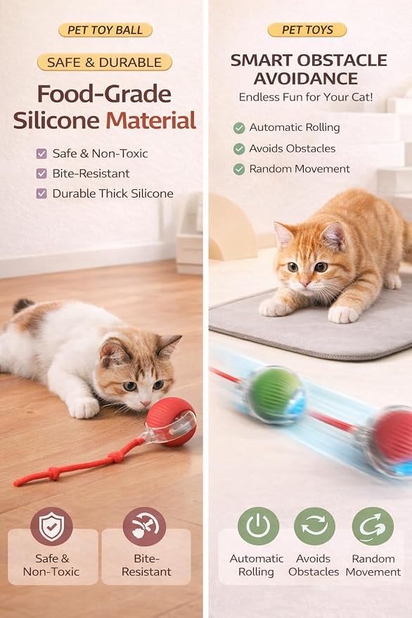 Interactive Rolling Cat Ball Toy with String, Motion Activated Automatic Cat Toy, USB Type C Rechargeable LED Light Pet Toy for Indoor Cats (Red)