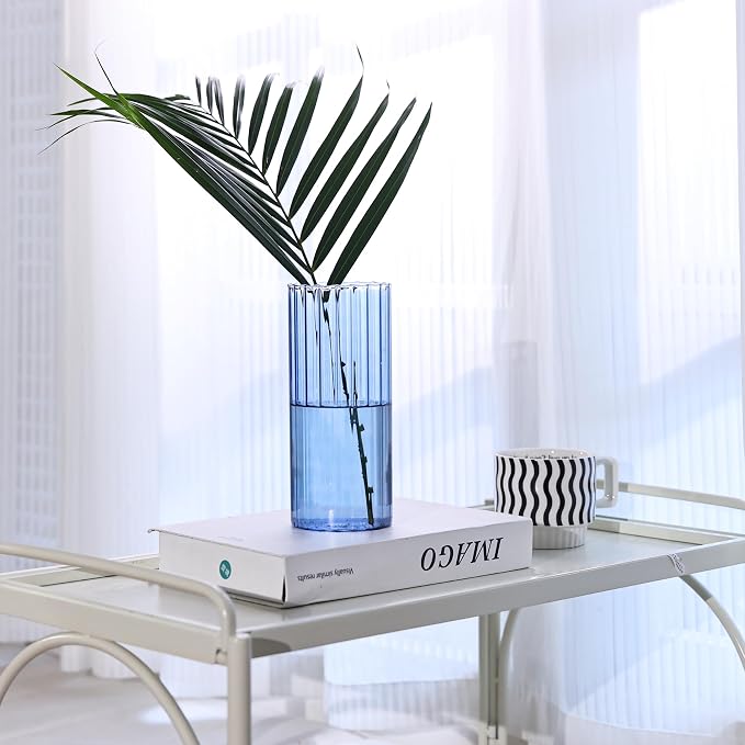 ComSaf Glass Cylinder Vase 8 Inch Tall, Blue Ribbed Decor for Centerpieces | Decorative Flower Vase, Hurricane Floating Candle Holder, Wedding Decor, Reception Table, Home Accent, Housewarming Gift