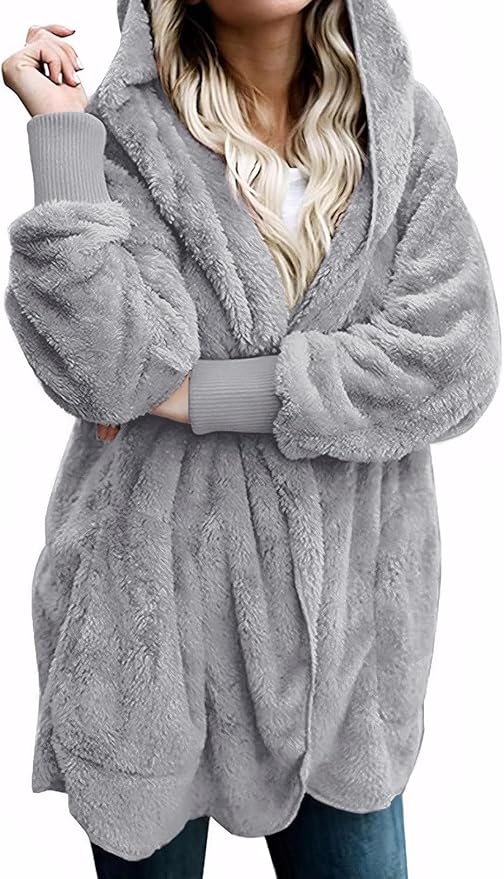 Zilcremo Women Hooded Cardigan Fuzzy Jacket Winter Open Front Fleece Coat Outwear with Pockets
