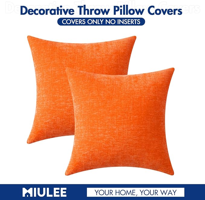 MIULEE Chenille Fall Throw Pillow Covers Bright Orange 20x20 Pack of 2 | Modern Fall Home Decor, Classic Decorative Pillows, Solid Dyed Cases, Boho Couch Cushion Covers for Sofa Bed Living Room