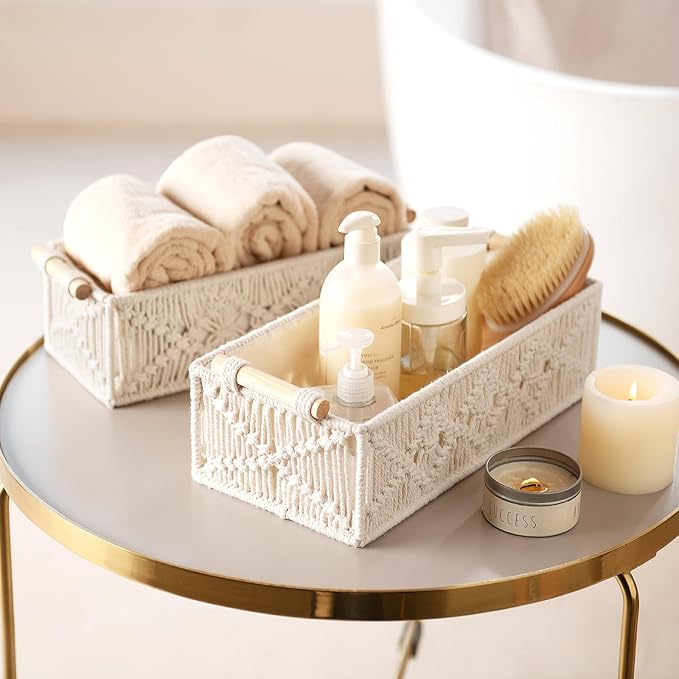 Mkono 2Pc Macrame Storage Basket, Boho Decor Toilet Paper Holder, Ivory | Small Baskets for Organizing, Hand-Woven, Bohemian Beach Coastal Decor, Shelf Vanity Cabinet Bedroom Living Room Office Dorm