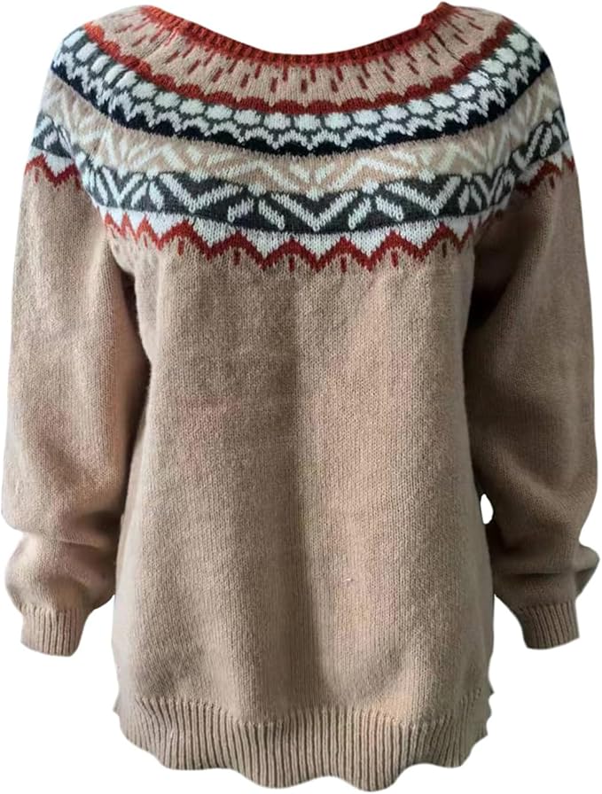 Zhyaj Fair Isle Sweater for Womens Winter Long Sleeve Vintage Knitted Sweater Casual Fall Crew Neck Pullover Sweaters
