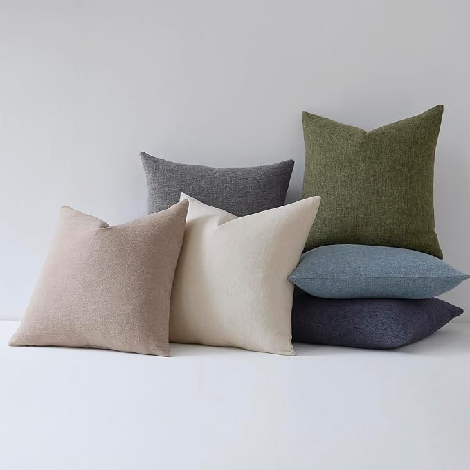 Meekio Set of 2 Dark Moss Green Throw Pillow Covers 16x16, Modern Farmhouse Linen Blend Decorative Pillow Covers for Couch Sofa Bed, Earth Tone Home Decor