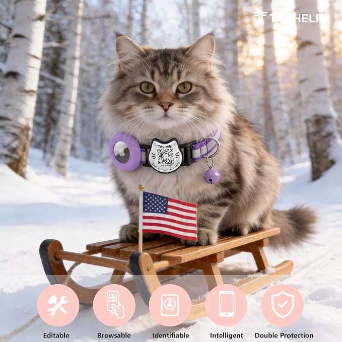 Cat Collar with AirTag Holder, QR Code Tag and Bell (Purple)