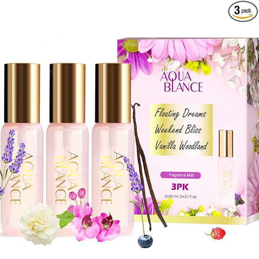 AQUA BLANCE Body Spray Set for Women, Each 60ml/2.1 FlOz, Travel Size Womens Fragrance Body Spray, Three Scents - Vanilla Woodland, Lavender, Jasmine Raspberry