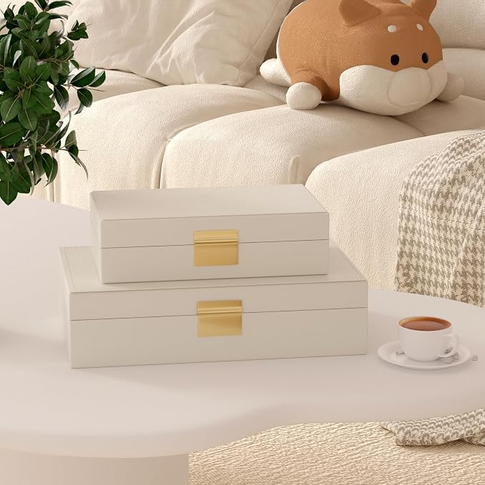 Decorative Storage Box Set of 2, PU Leather Organizer for Home Decor Beige | Multi-Purpose Beautiful Decorative Container with Lids Store Photos, Documents, Memory Box Keepsakes Collect, ideal for Gifts